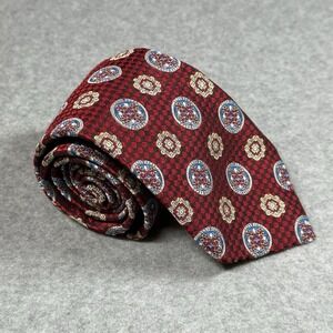 XMI Platinum Silk Tie Red Medallion Check Geometric English Silk USA‎ Made VTG